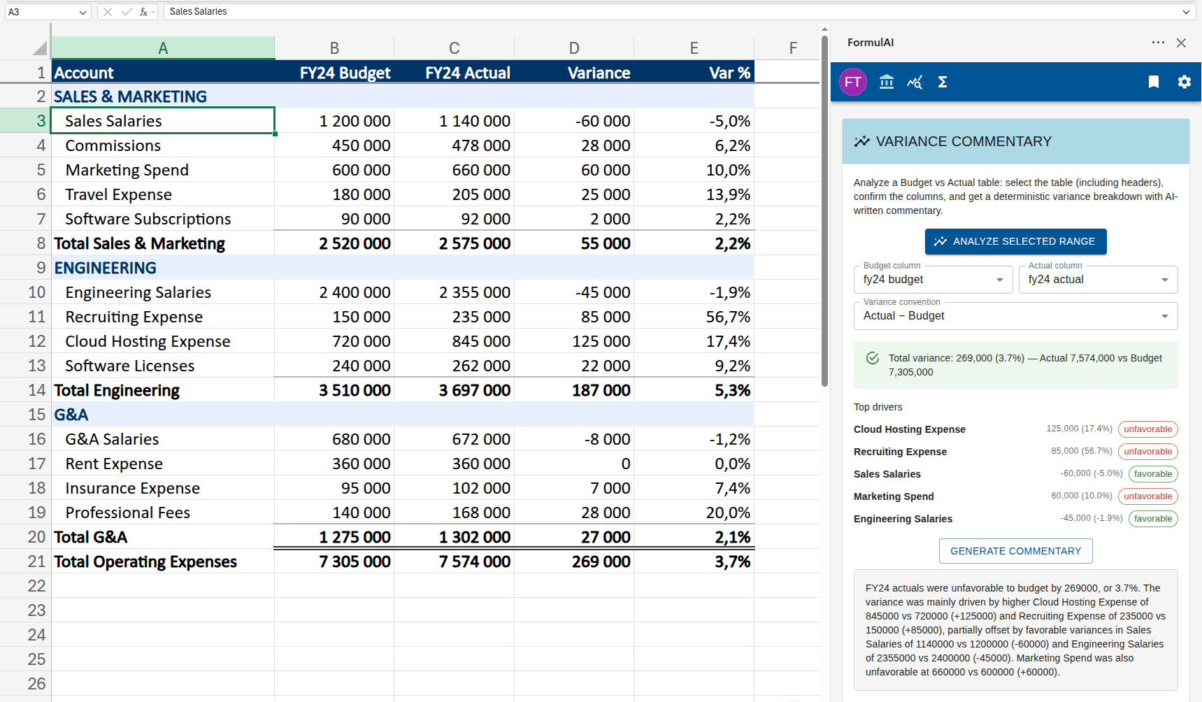 FormulAI generating variance commentary on a budget-vs-actual operating expense pack in Excel